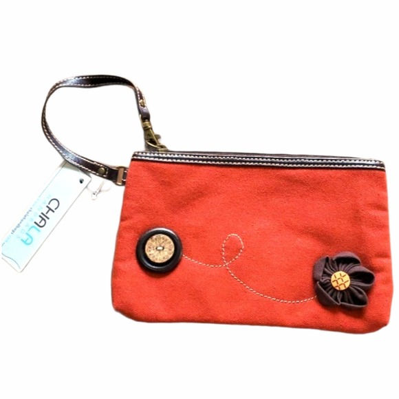 Chala Handbags - Chala Embroidered Bag with Button Flower Decor Orange Wristlet Purse New NWT
